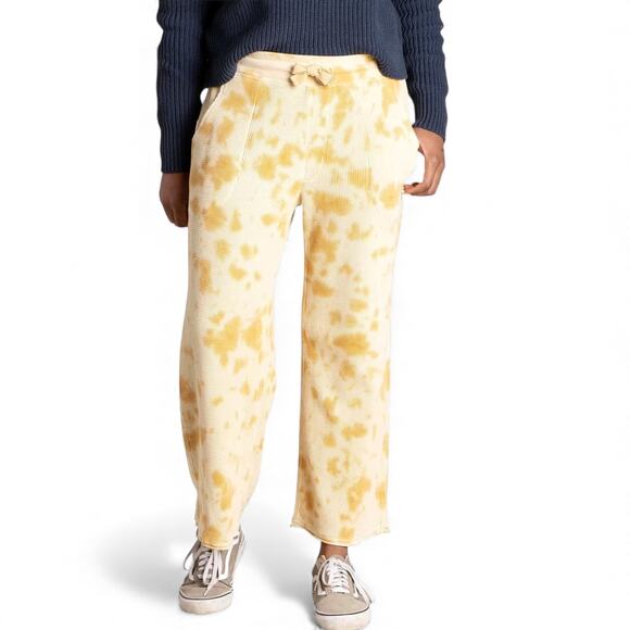 Toad&Co Women's Organic Wide Leg Cropped Yellow Tie Dyed Waffle Pants - Large - Picture 1 of 8
